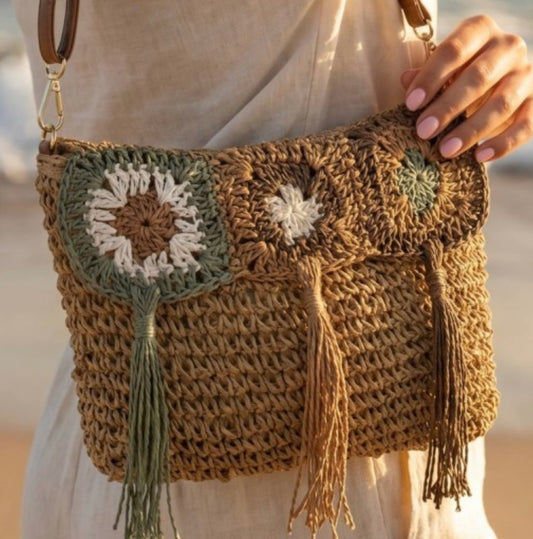 Sage Meadow Crochet Clutch | Boho Raffia Floral Wristlet Bag