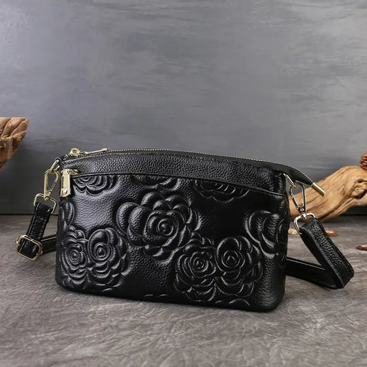 Midnight Rose Embossed Leather Crossbody Bag