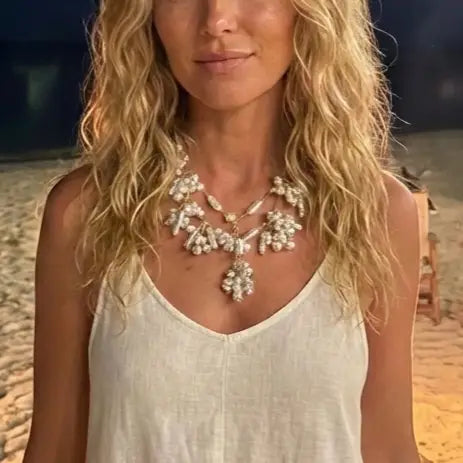 Coastal Pearl Statement Necklace – Hand Knotted Ivory Pearl Cluster Necklace in Vintage Gold