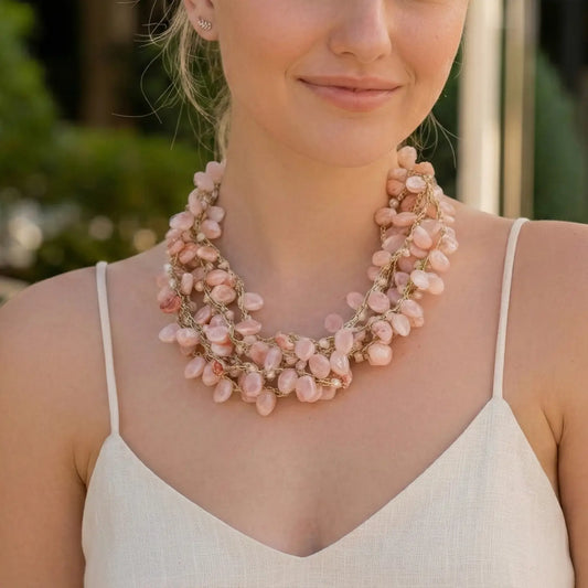 Blush Pink Statement Necklace – Hand Knotted Pink Beaded Collar Necklace in Rose Gold