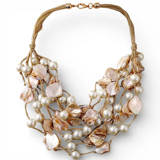 Pearlescent Tide Shell Statement Necklace – Baroque Shell & Pearl Multi-Strand Necklace