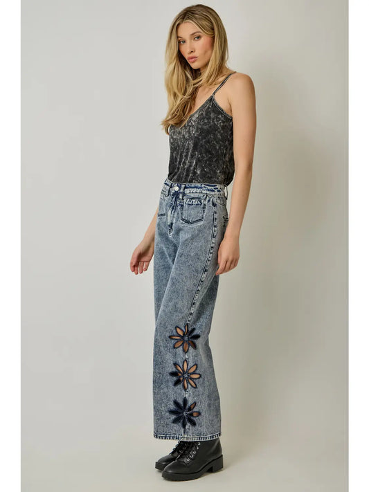 Daisy Embroidered Wide Leg Jeans | Floral Cutout High Rise Denim