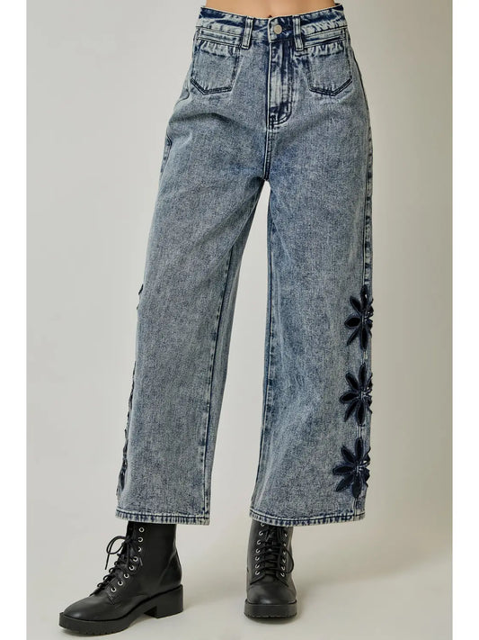Daisy Embroidered Wide Leg Jeans | Floral Cutout High Rise Denim