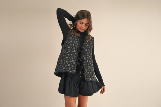 Floral Tie-Front Quilted Vest – Romantic Cottagecore Layer
