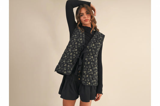 Floral Tie-Front Quilted Vest – Romantic Cottagecore Layer