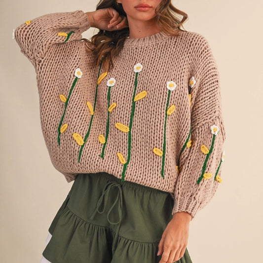 Daisy Meadow Embroidered Chunky Knit Sweater