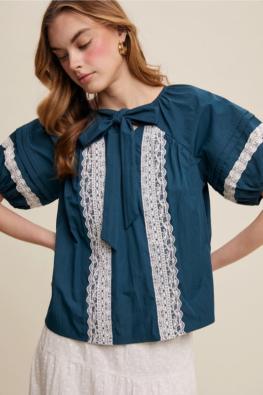 Isla Lace Bow Blouse – Teal Vintage-Inspired Puff Sleeve Top