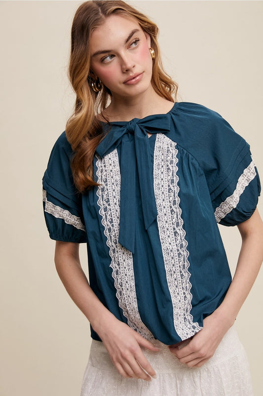 Isla Lace Bow Blouse – Teal Vintage-Inspired Puff Sleeve Top