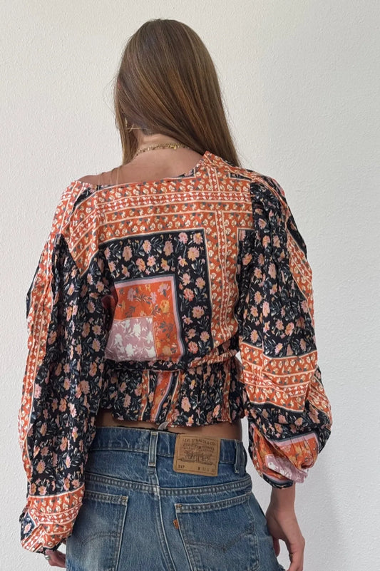 Roma Chariot Boho Patchwork Blouse – Vintage Floral Viscose Top
