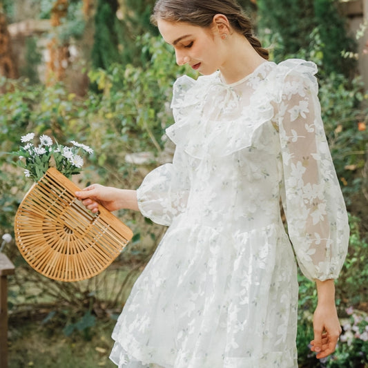 Sheer Floral Embroidered Ruffle Mini Dress
