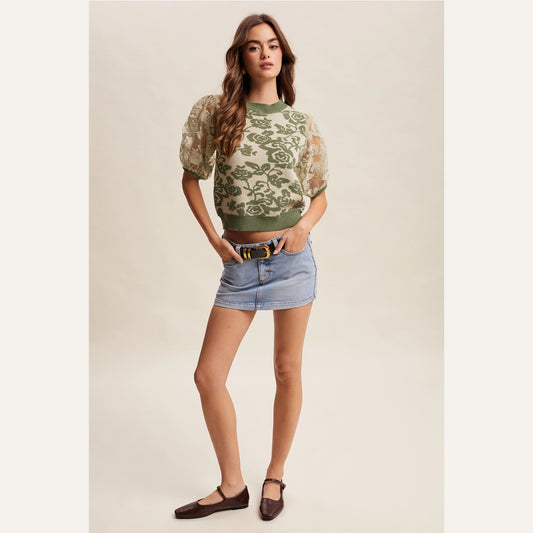 Rose Embroidered Contrast Knit Top