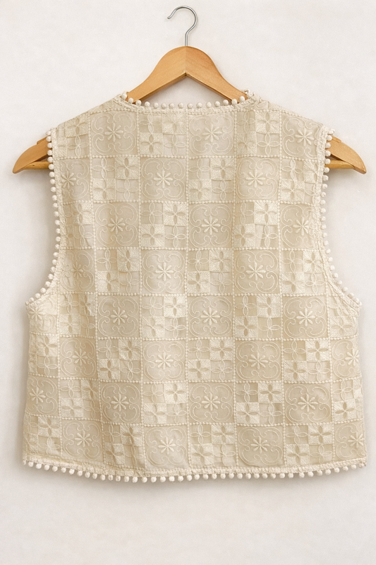 Listicle Lace Tie-Front Vest – Cream Embroidered Overlay (Size S)