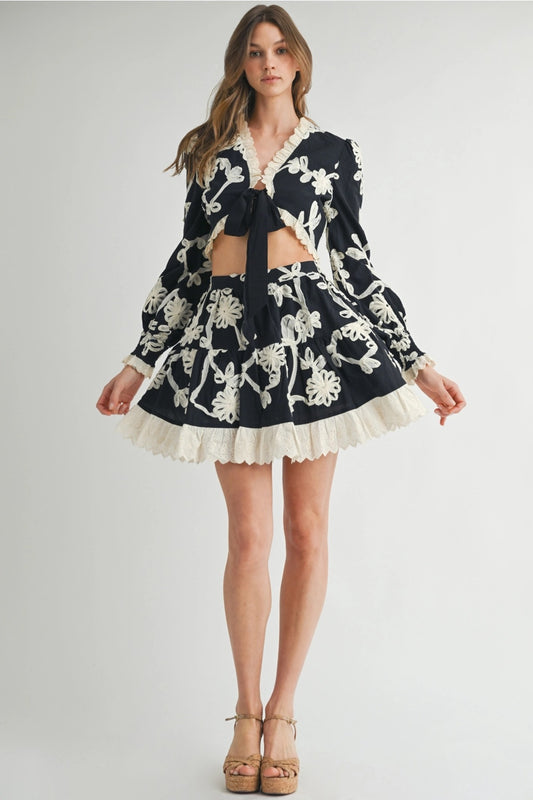 Noir Blossom Black Floral Lace Two-Piece Skirt Set