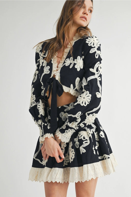 Noir Blossom Black Floral Lace Two-Piece Skirt Set