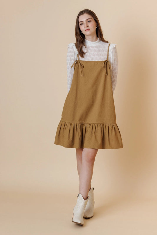 Bow Strap Cotton Twill Mini Dress with Ruffle Hem – Thyme & Caramel