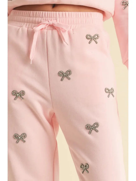 Blush Rhinestone Bow Jogger Pants | Luxe Cotton Lounge Joggers