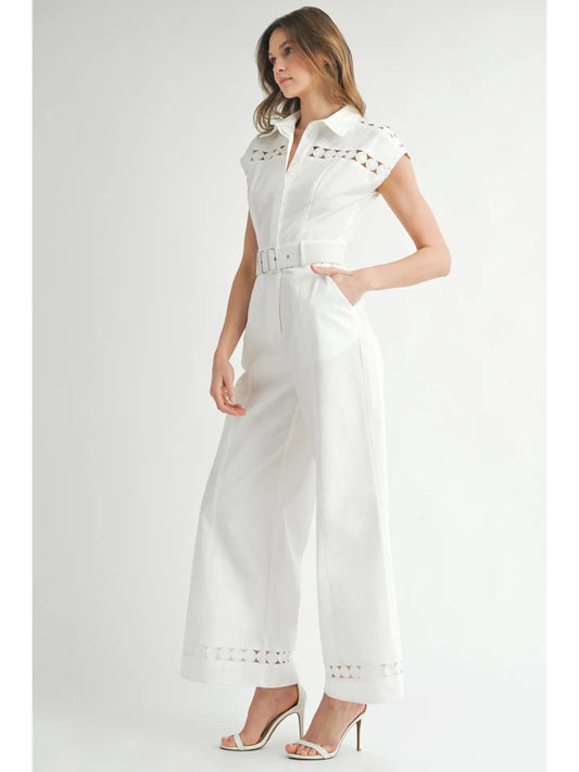 White Aztec Embroidered Belted Wide Leg Jumpsuit | Short Sleeve Statement One Piece (Size S)
