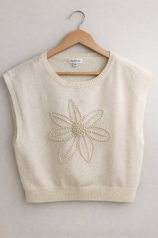 Pearl Bloom Knit Sweater Vest – Cream Boho Floral Top