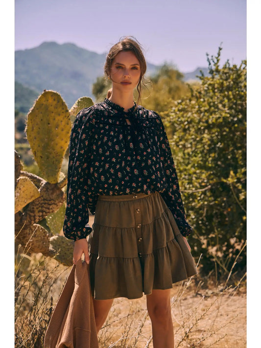 Romantic Floral Bow Tie Blouse – Black