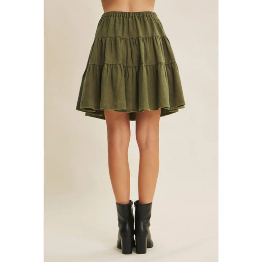 Mineral Washed Olive Tiered Mini Skirt