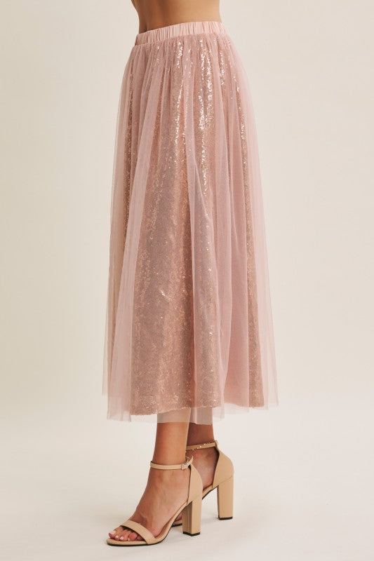 Blush Shimmer Tulle Midi Skirt