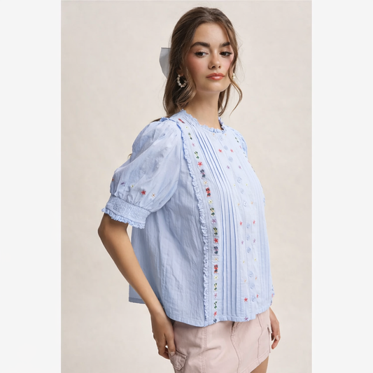 Embroidered Pintuck Puff Sleeve Blouse